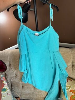 Oh My Gauze! Turquoise Off-Shoulder Spaghetti Strap Top
